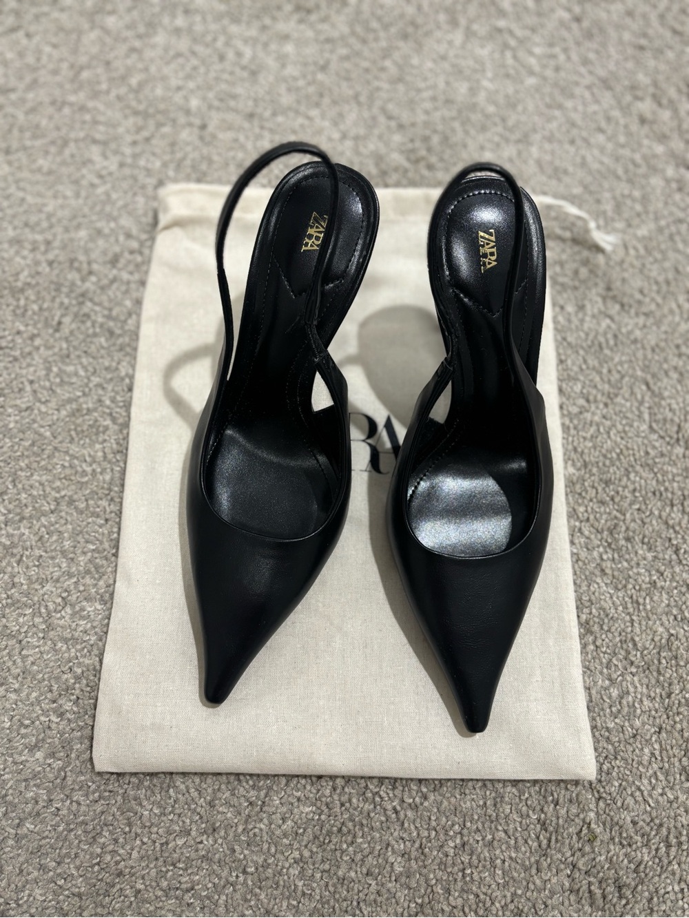 ZARA Black Leather Pointed Slingback Pumps